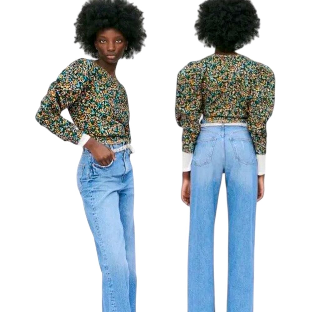 Zara Multicolor Floral Poof-Sleeve Sweatshirt Top